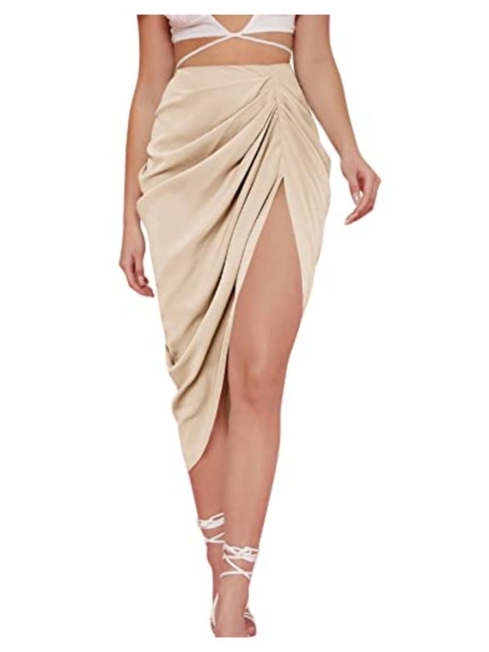 Satin High Waist Ruched Split Front Bodycon Midi Skirt